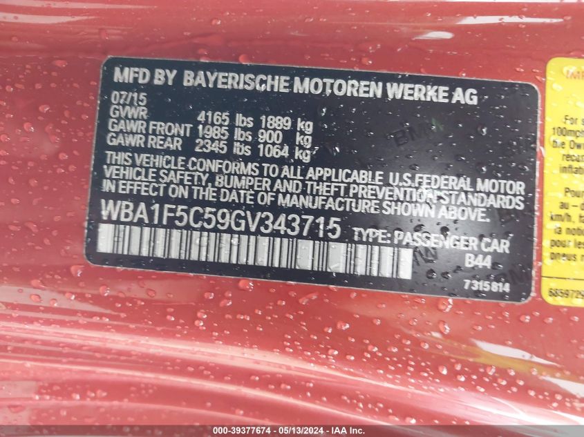 2016 BMW 228I VIN: WBA1F5C59GV343715 Lot: 39377674