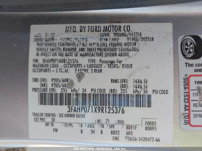 2009 Ford Fusion Se VIN: 3FAHP071X9R125376 Lot: 39377679