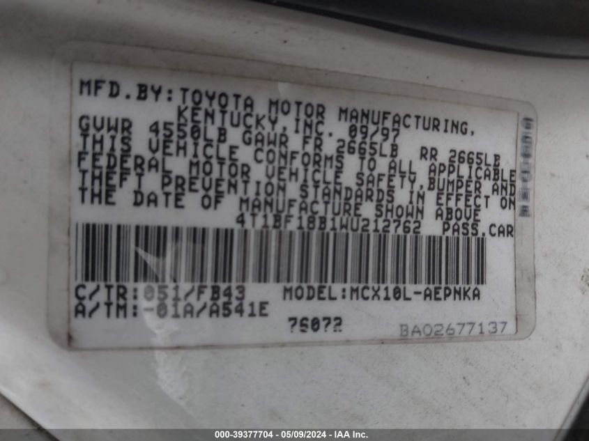 1998 Toyota Avalon Xl VIN: 4T1BF18B1WU212762 Lot: 39377704