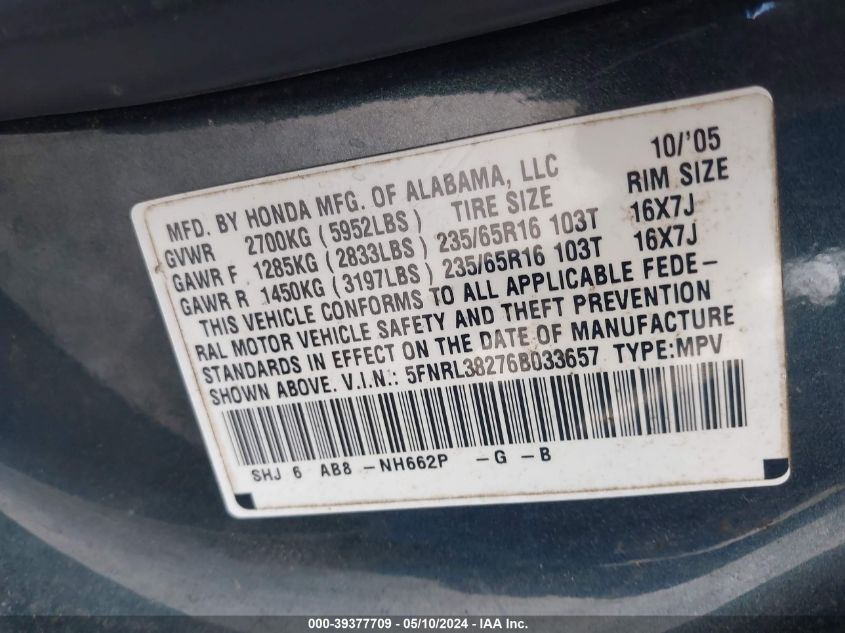 2006 Honda Odyssey Lx VIN: 5FNRL38276B033657 Lot: 39377709