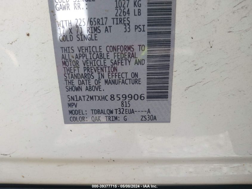 2017 Nissan Rogue Sv VIN: 5N1AT2MTXHC859906 Lot: 39377715