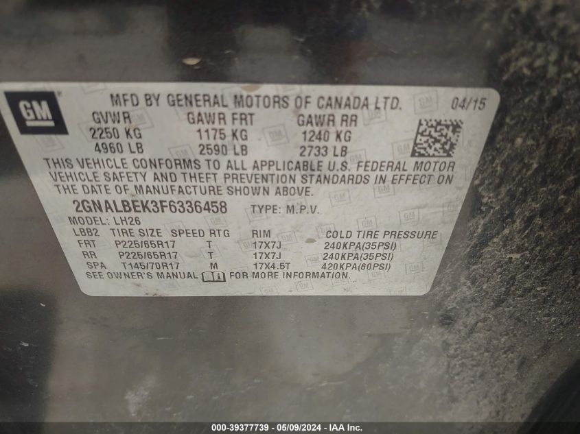 2015 Chevrolet Equinox 1Lt VIN: 2GNALBEK3F6336458 Lot: 39377739
