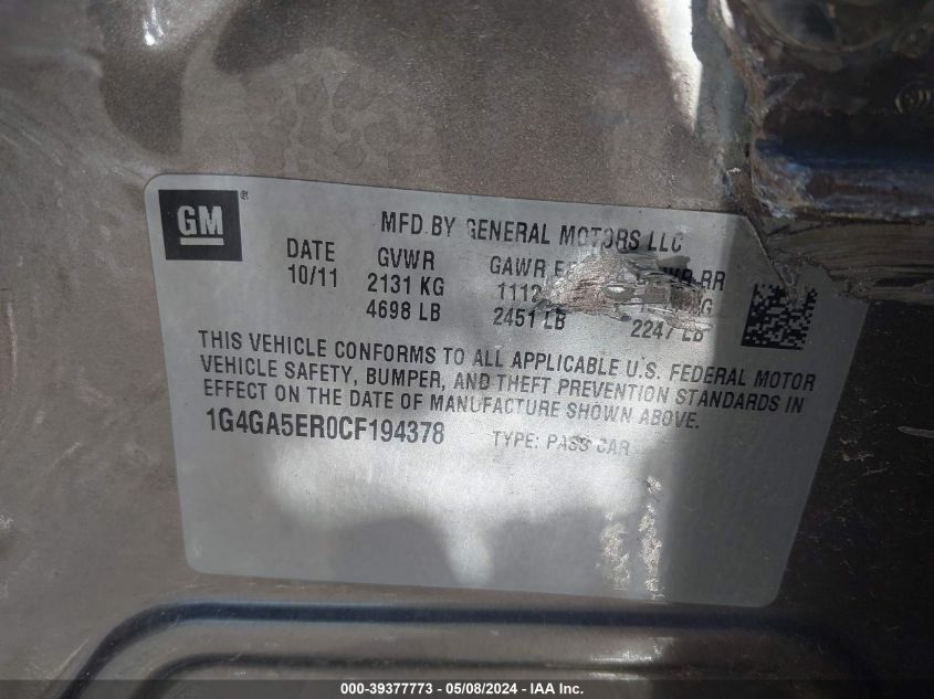 2012 Buick Lacrosse VIN: 1G4GA5ER0CF194378 Lot: 39377773