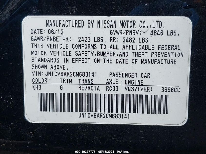 2012 Infiniti G37X VIN: JN1CV6AR2CM683141 Lot: 39377778