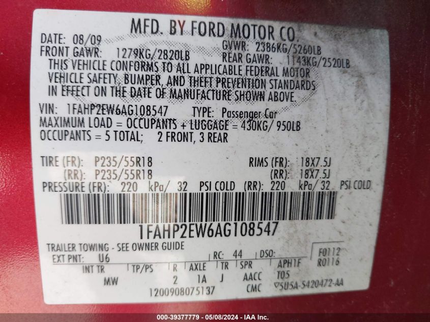 2010 Ford Taurus Sel VIN: 1FAHP2EW6AG108547 Lot: 39377779