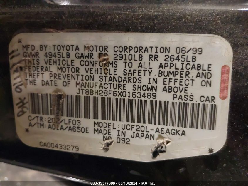 1999 Lexus Ls 400 VIN: JT8BH28F6X0163489 Lot: 39377808