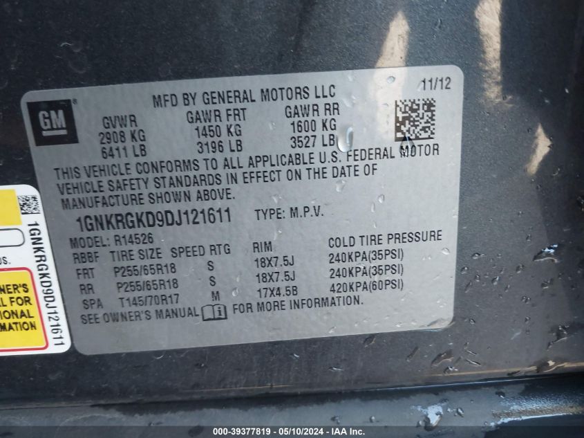 2013 Chevrolet Traverse 1Lt VIN: 1GNKRGKD9DJ121611 Lot: 39377819