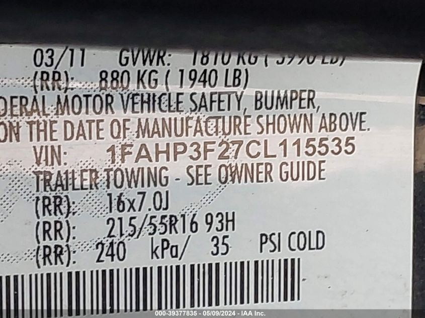 2012 Ford Focus Se VIN: 1FAHP3F27CL115535 Lot: 39377835