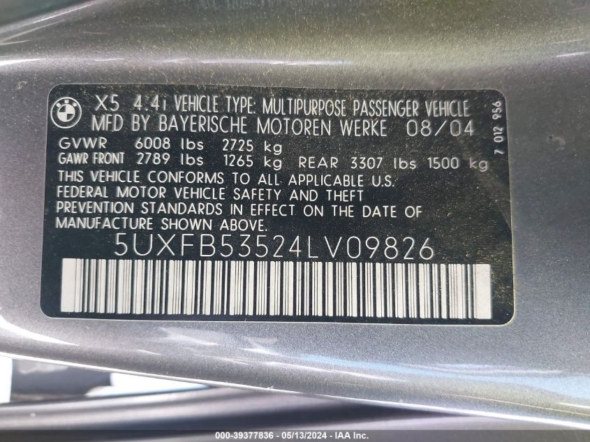 2004 BMW X5 4.4I VIN: 5UXFB53524LV09826 Lot: 39377836