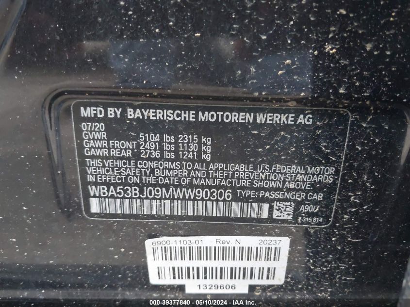 2021 BMW 540I - WBA53BJ09MWW90306