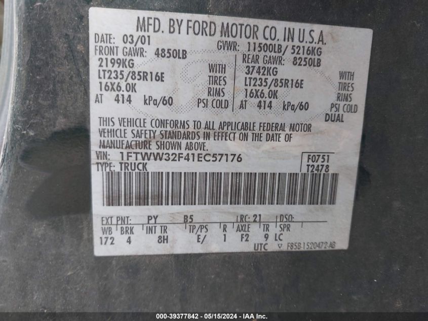 2001 Ford F-350 Lariat/Xl/Xlt VIN: 1FTWW32F41EC57176 Lot: 39377842