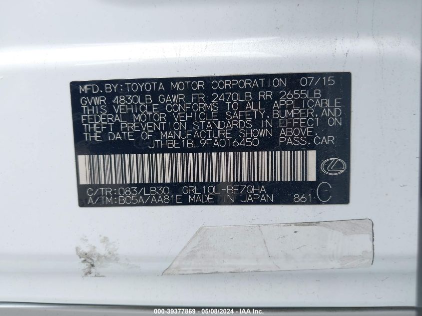 2015 Lexus Gs 350 VIN: JTHBE1BL9FA016450 Lot: 39377869