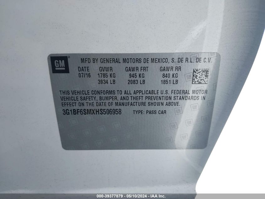 2017 Chevrolet Cruze Premier Auto VIN: 3G1BF6SMXHS506958 Lot: 39377879