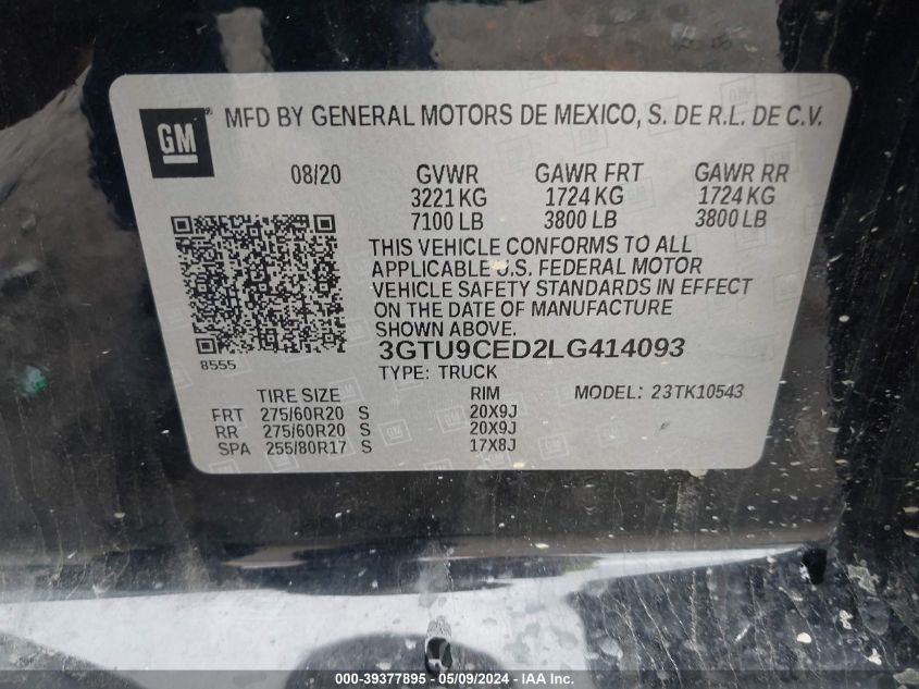 2020 GMC Sierra 1500 4Wd Short Box Elevation VIN: 3GTU9CED2LG414093 Lot: 39377895