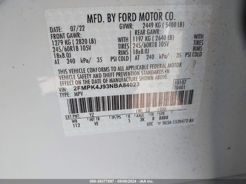 2022 Ford Edge Sel VIN: 2FMPK4J93NBA84023 Lot: 39377897
