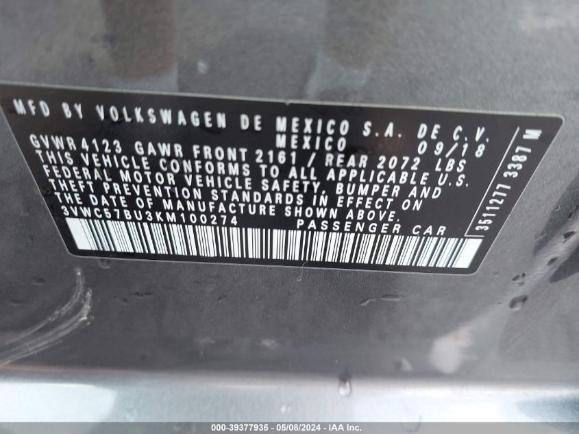 2019 Volkswagen Jetta 1.4T R-Line/1.4T S/1.4T Se VIN: 3VWC57BU3KM100274 Lot: 39377935