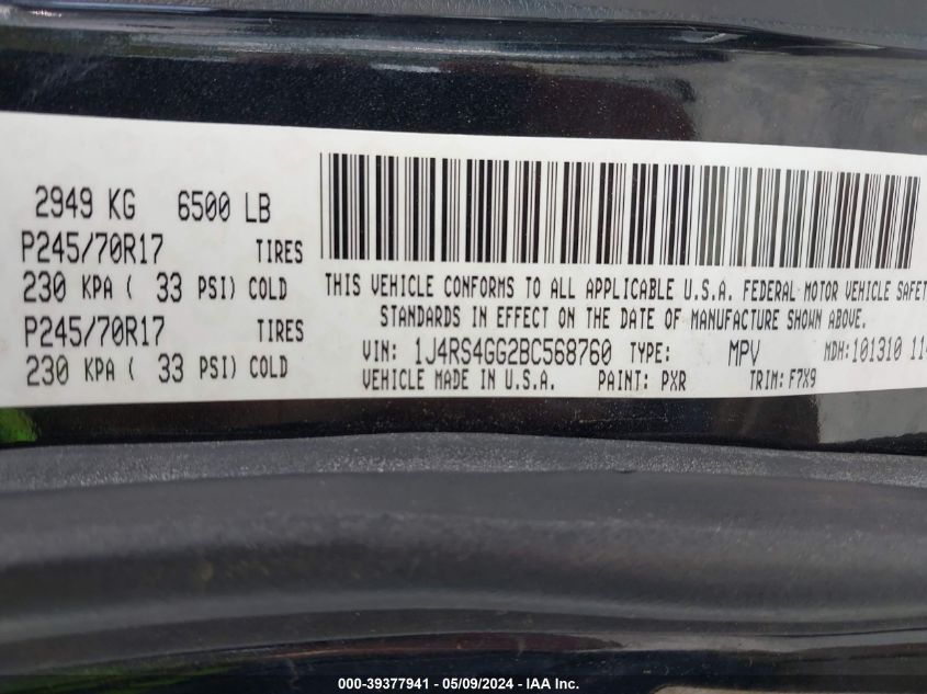 2011 Jeep Grand Cherokee Laredo VIN: 1J4RS4GG2BC568760 Lot: 39377941