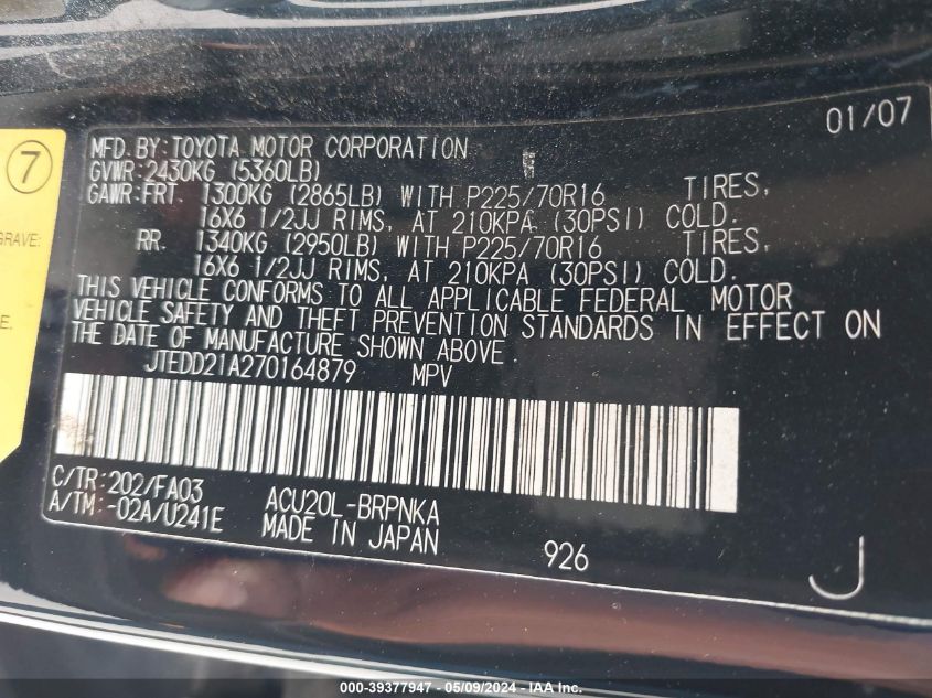 2007 Toyota Highlander VIN: JTEDD21A270164879 Lot: 39377947