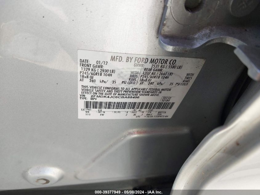 2012 Ford Edge Sel VIN: 2FMDK4JC6CBA88496 Lot: 39377949