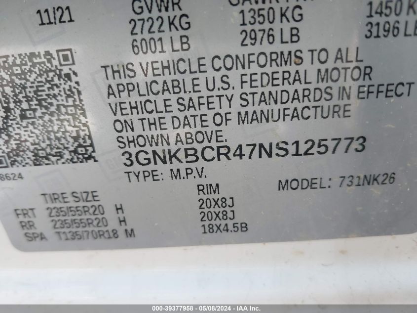 2022 Chevrolet Blazer Fwd 2Lt VIN: 3GNKBCR47NS125773 Lot: 39377958