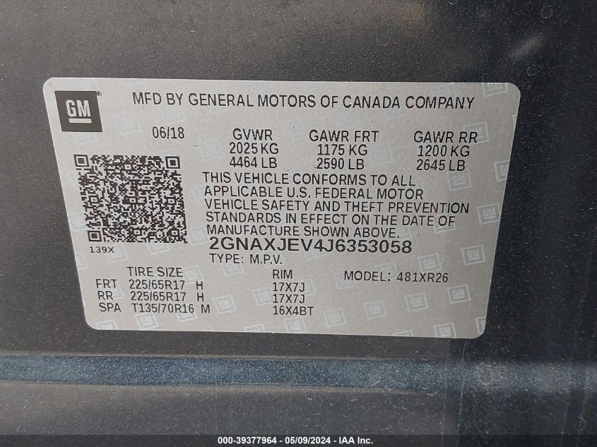 2018 Chevrolet Equinox Lt VIN: 2GNAXJEV4J6353058 Lot: 39377964