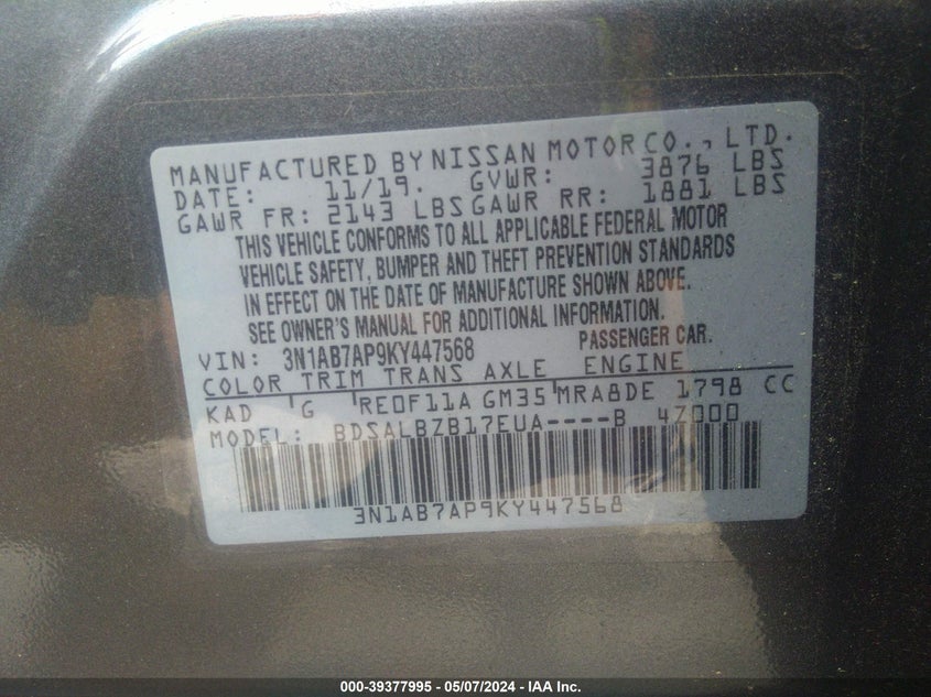 VIN 3N1AB7AP9KY447568 2019 NISSAN SENTRA S