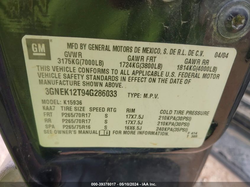 2004 Chevrolet Avalanche 1500 VIN: 3GNEK12T94G286033 Lot: 39378017
