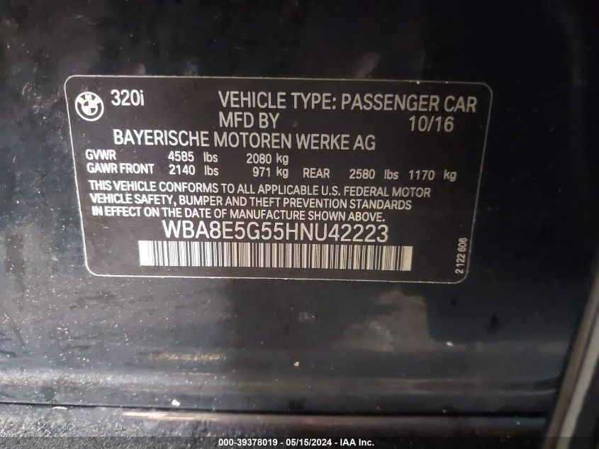 2017 BMW 320I xDrive VIN: WBA8E5G55HNU42223 Lot: 39378019
