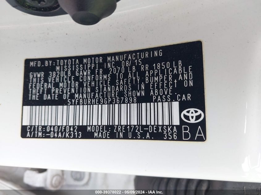 2016 TOYOTA COROLLA L/LE/LE PLUS/LE PREMIUM/S/S PLUS/S PREMIUM/S W/SPECIAL EDITION PKG - 5YFBURHE9GP367898