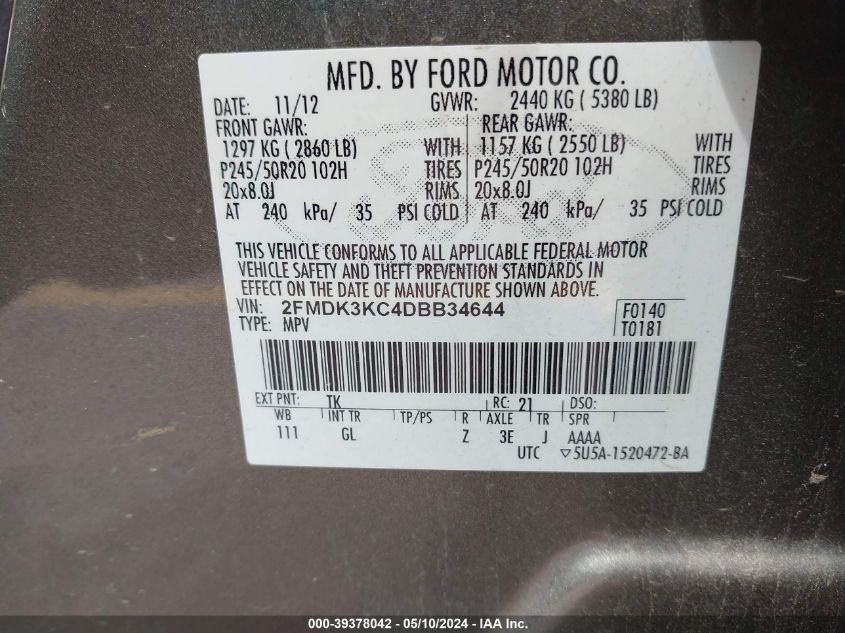 2013 Ford Edge Limited VIN: 2FMDK3KC4DBB34644 Lot: 39378042