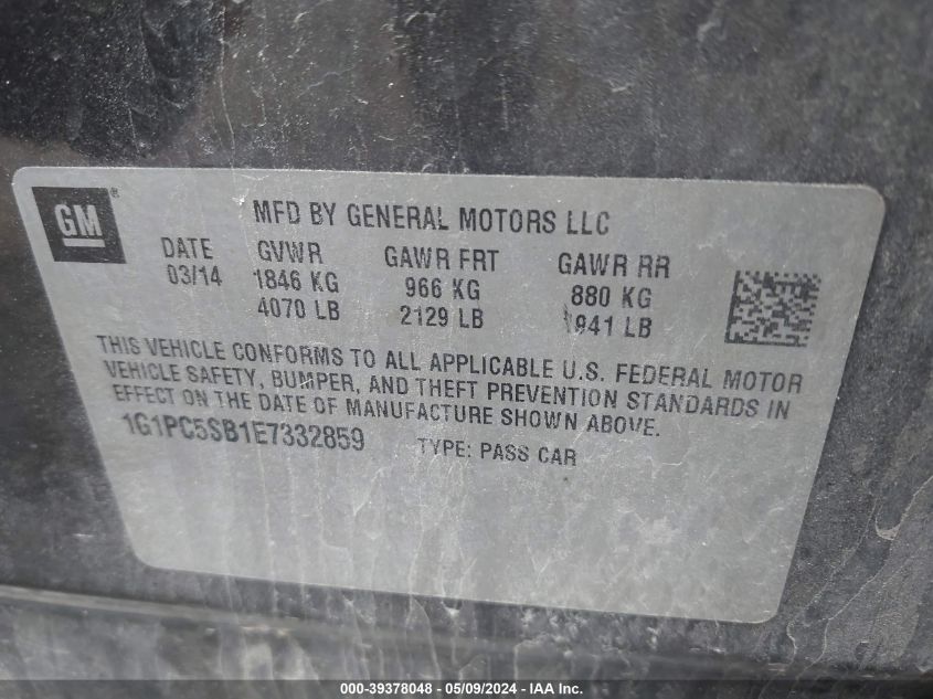 2014 Chevrolet Cruze 1Lt Auto VIN: 1G1PC5SB1E7332859 Lot: 39378048