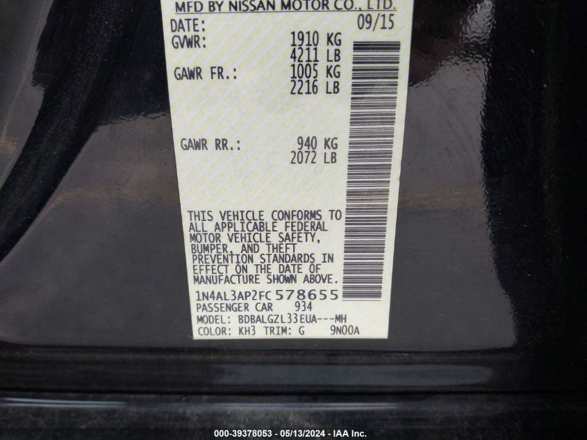 2015 Nissan Altima 2.5 S VIN: 1N4AL3AP2FC578655 Lot: 39378053