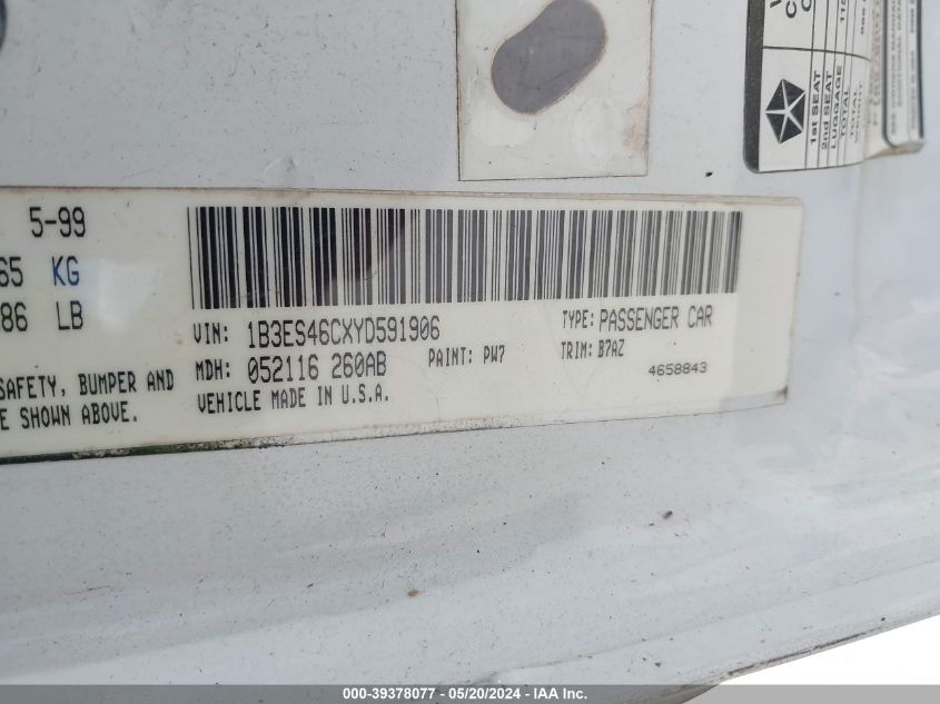 2000 Dodge Neon Highline VIN: 1B3ES46CXYD591906 Lot: 39378077