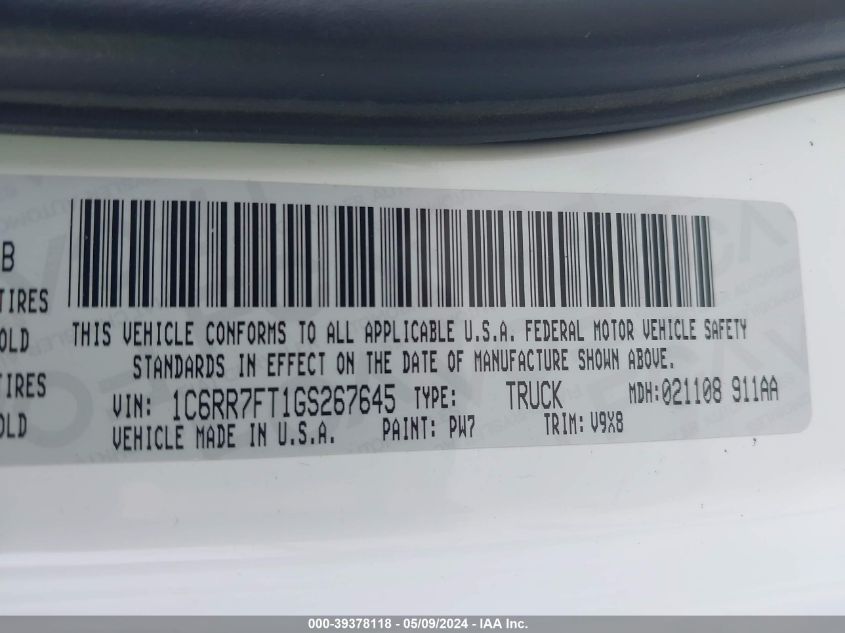 2016 Ram 1500 Tradesman VIN: 1C6RR7FT1GS267645 Lot: 39378118