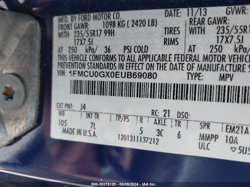 2014 Ford Escape Se VIN: 1FMCU0GX0EUB69080 Lot: 39378120