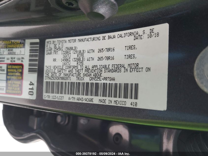 2019 Toyota Tacoma Trd Off Road VIN: 3TMAZ5CN3KM082871 Lot: 39378192