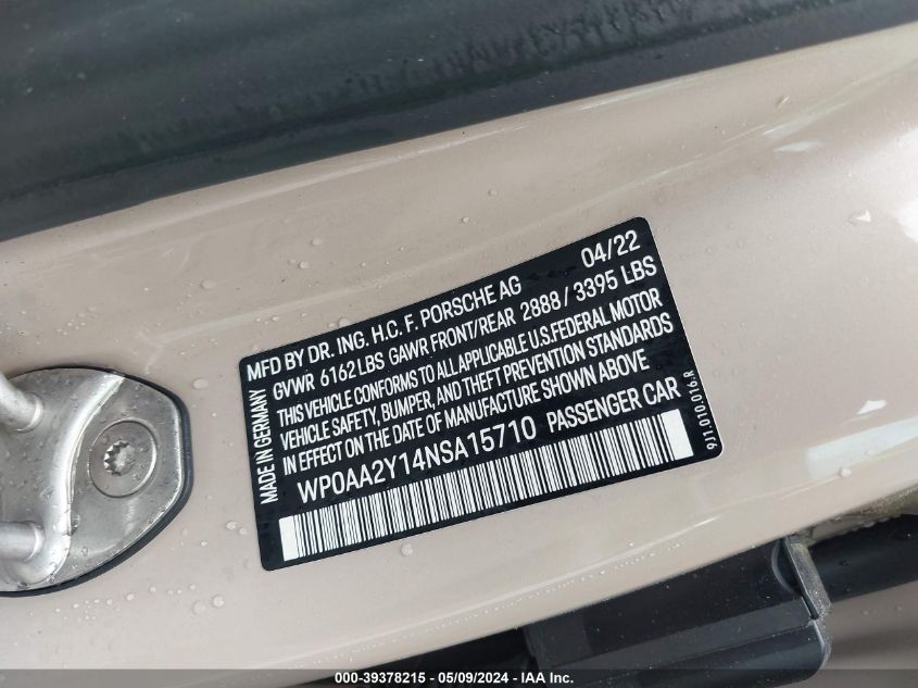 2022 Porsche Taycan VIN: WP0AA2Y14NSA15710 Lot: 39378215