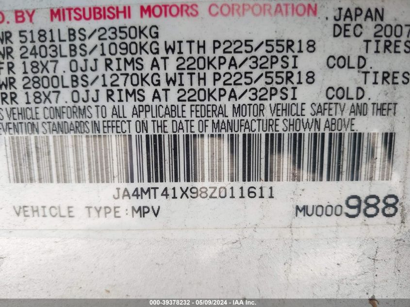 2008 Mitsubishi Outlander Xls VIN: JA4MT41X98Z011611 Lot: 39378232