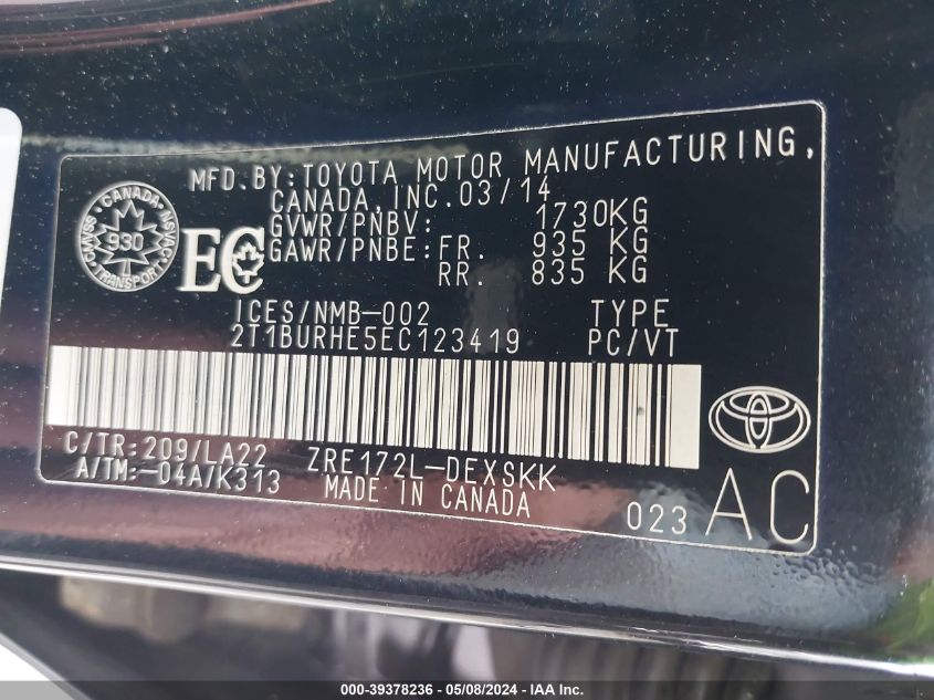 2014 Toyota Corolla S Premium VIN: 2T1BURHE5EC123419 Lot: 39378236