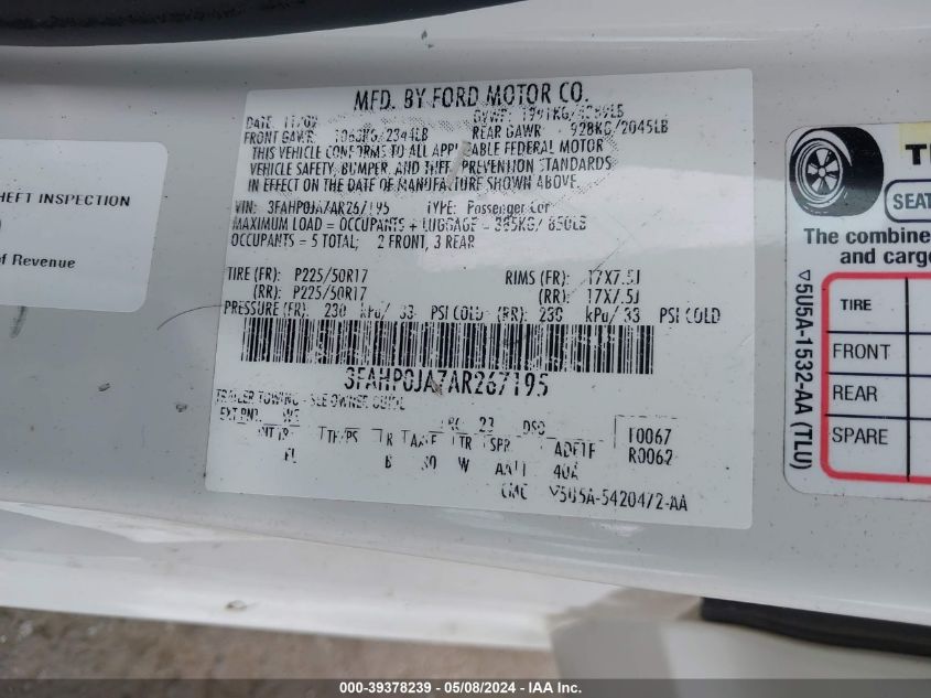 2010 Ford Fusion Sel VIN: 3FAHP0JA7AR267195 Lot: 39378239