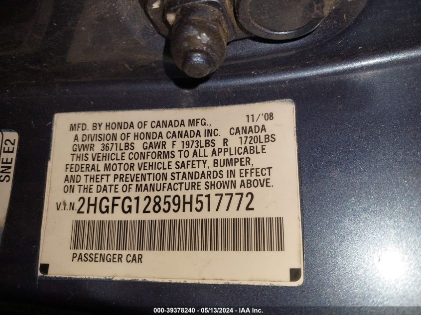 2009 Honda Civic Ex VIN: 2HGFG12859H517772 Lot: 39378240