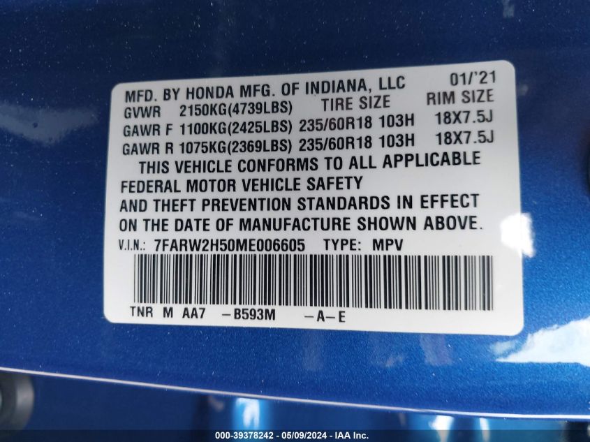 2021 Honda Cr-V Awd Ex VIN: 7FARW2H50ME006605 Lot: 39378242