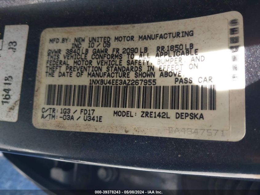 2010 Toyota Corolla S VIN: 1NXBU4EE3AZ267955 Lot: 39378243