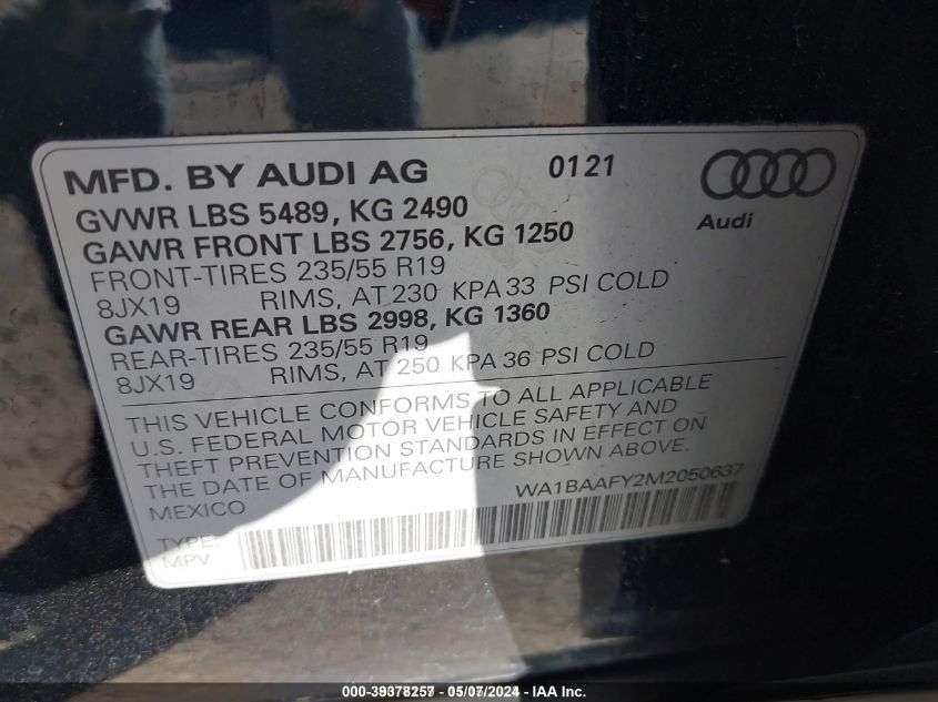 2021 Audi Q5 Premium Plus 45 Tfsi Quattro S Tronic VIN: WA1BAAFY2M2050637 Lot: 39378257