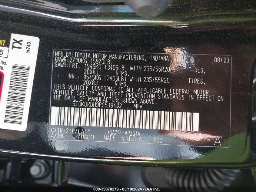 2023 Toyota Highlander Platinum VIN: 5TDKDRBH9PS519432 Lot: 39378279