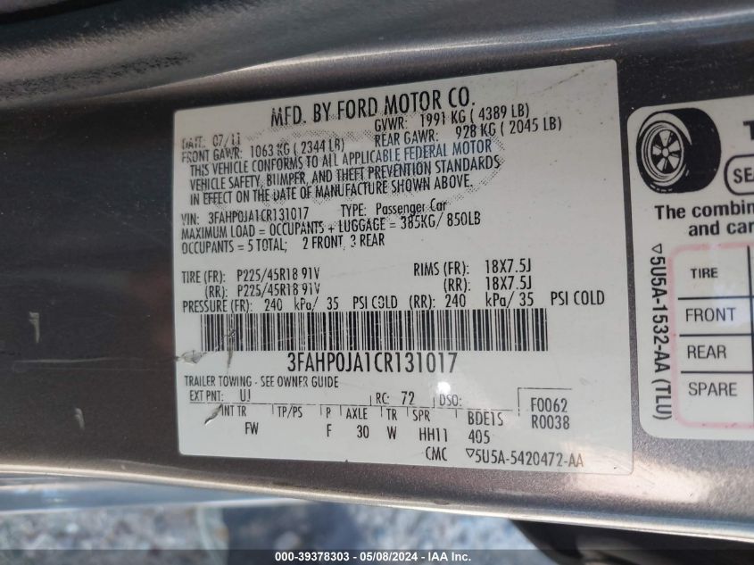 2012 Ford Fusion Sel VIN: 3FAHP0JA1CR131017 Lot: 39378303