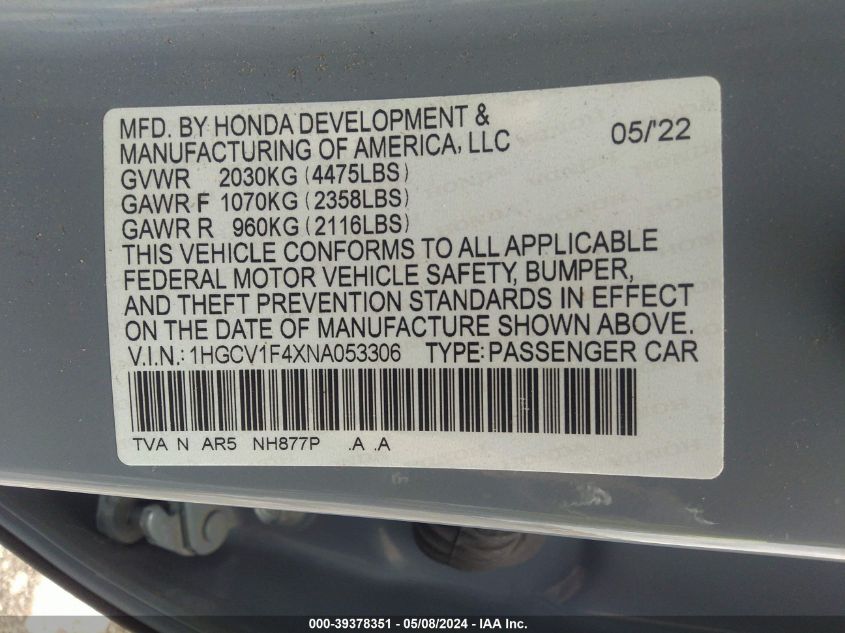 2022 Honda Accord Sport Special Edition VIN: 1HGCV1F4XNA053306 Lot: 39378351