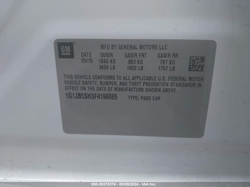 2015 Chevrolet Sonic Ls Manual VIN: 1G1JB5SH3F4196685 Lot: 39378374