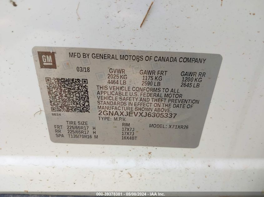 2018 Chevrolet Equinox Lt VIN: 2GNAXJEVXJ6305337 Lot: 39378381