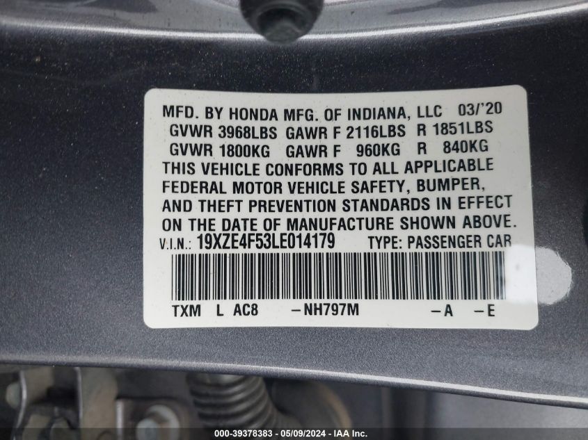 2020 Honda Insight Ex VIN: 19XZE4F53LE014179 Lot: 39378383